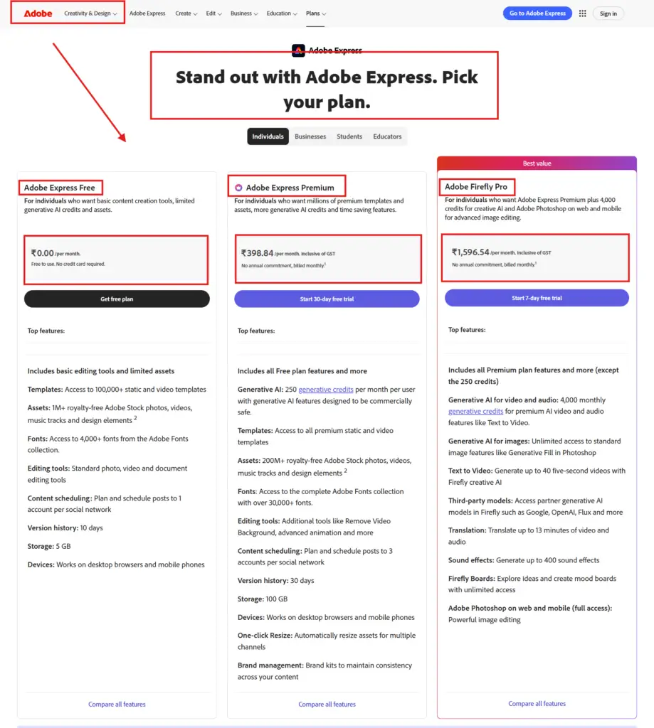 ADOBE PRICING Table 2026