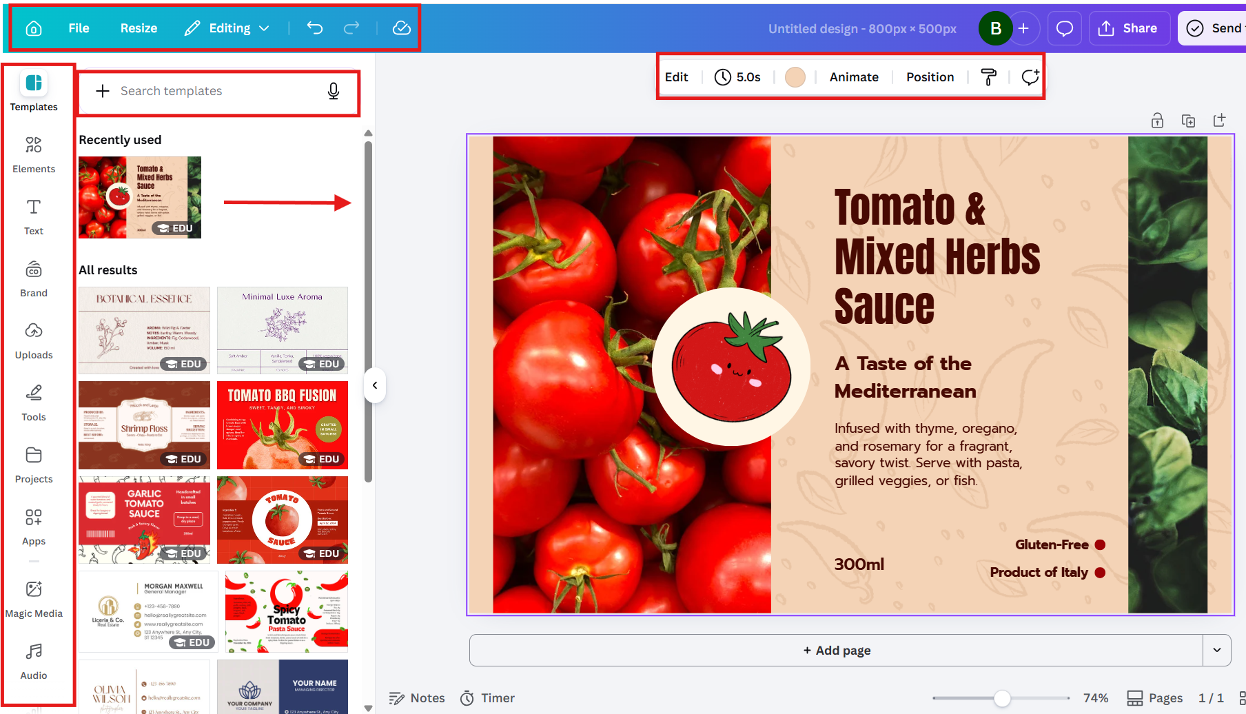Canva Pro editor 2026 showing sidebar templates elements brand kit panels
