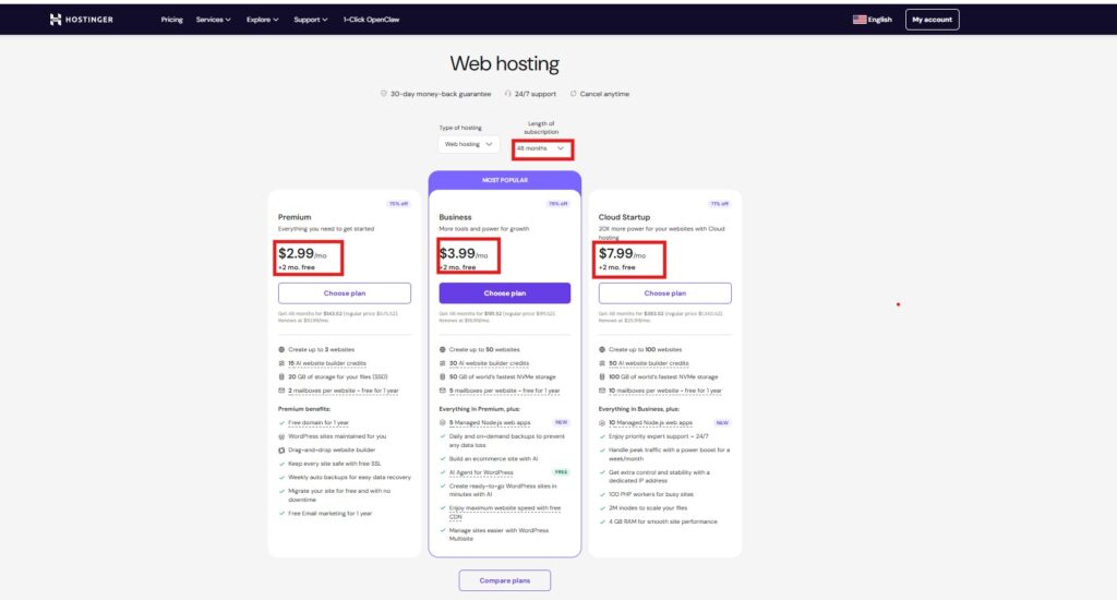 Hostinger review 2026 pricing page with plan comparison