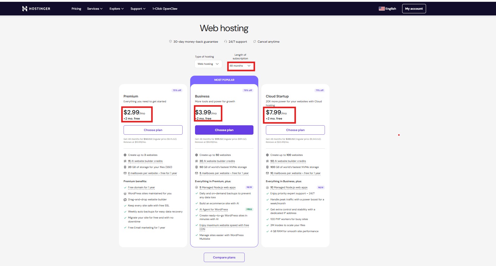Hostinger renewal price 2026 pricing page Premium Business Cloud comparison