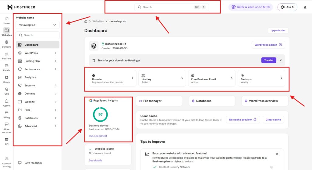 Hostinger hPanel dashboard 2026 overview showing website management. 
