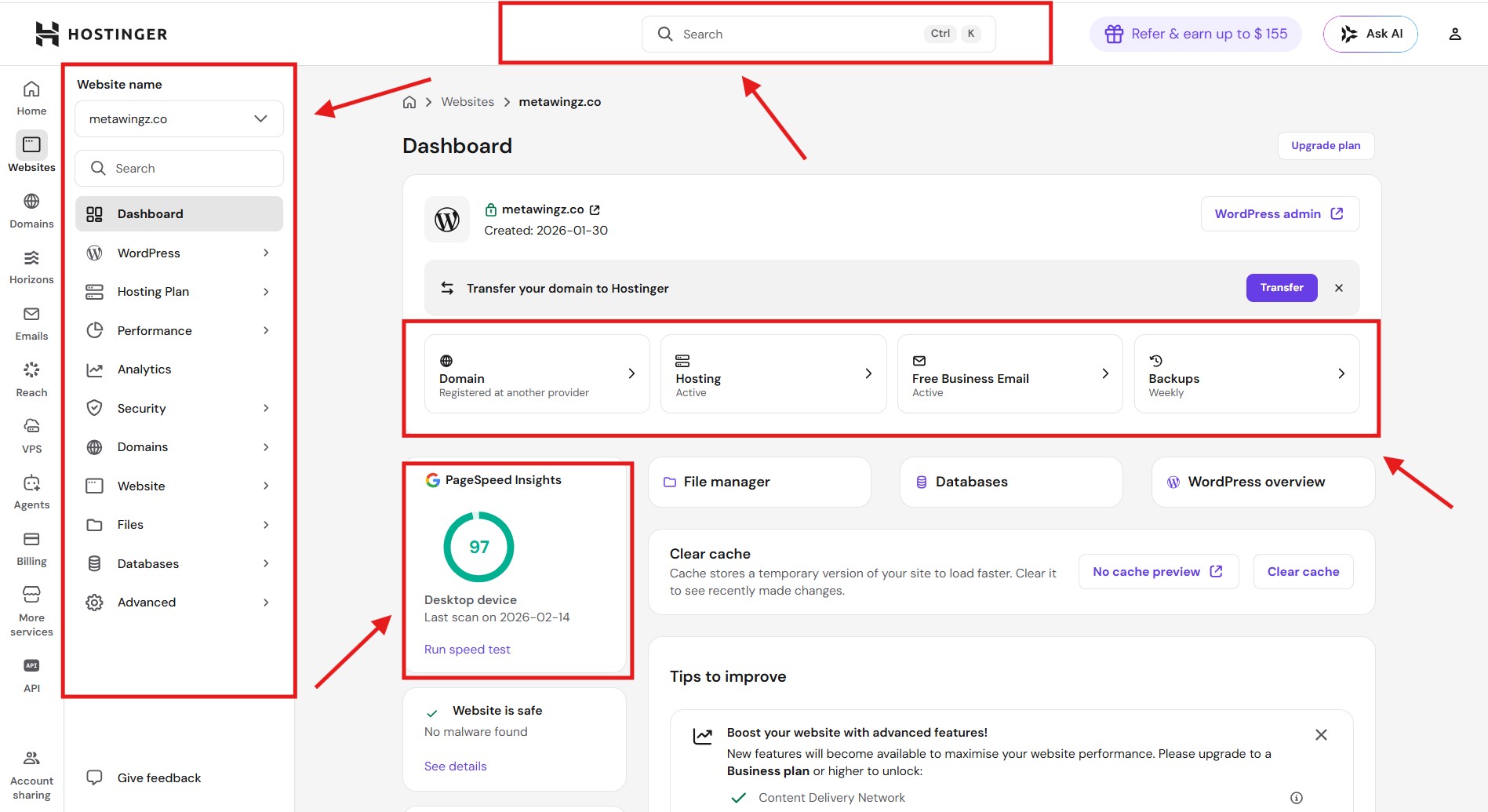 Hostinger hPanel dashboard 2026 overview showing website management.