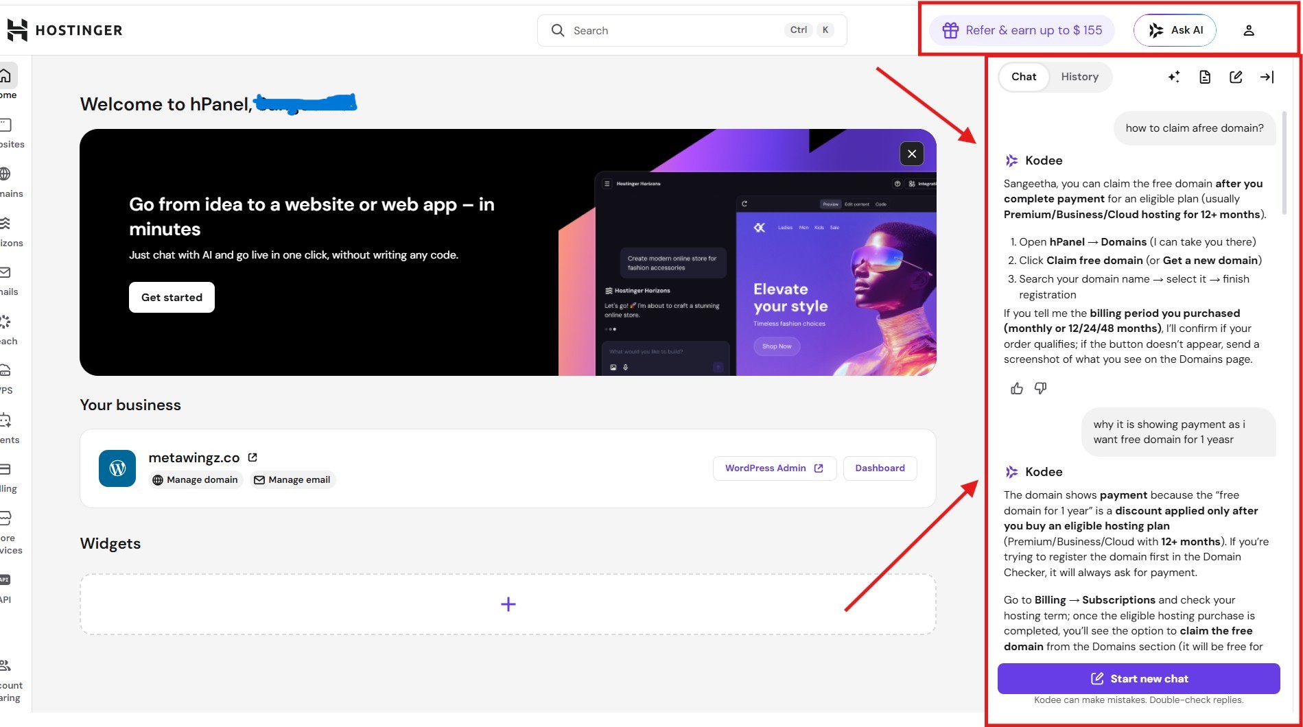 Hostinger live chat support 2026 showing 2-minute response