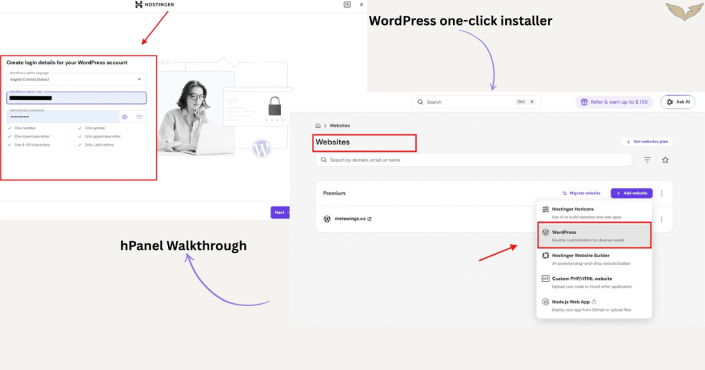 Hostinger hPanel 2026 WordPress one-click installer with LiteSpeed Cache toggle and staging environment