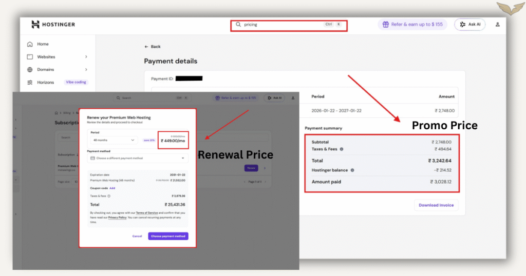 Hostinger pricing plans 2026 showing promotional price versus renewal price side by side with red warning highlight