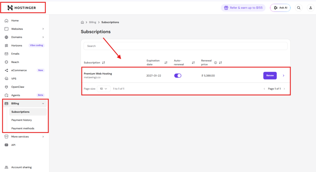 Hostinger hPanel billing renewal price column 2026