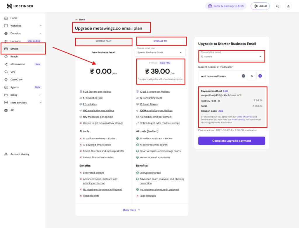 Hostinger renewal email 2026 sample showing renewal date and price hostinger renewal price
