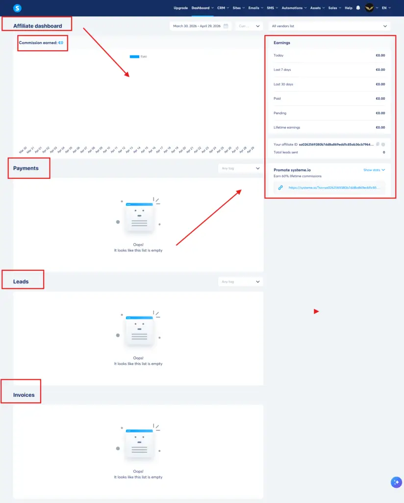 Systeme.io affiliate programme dashboard 40 percent recurring commission