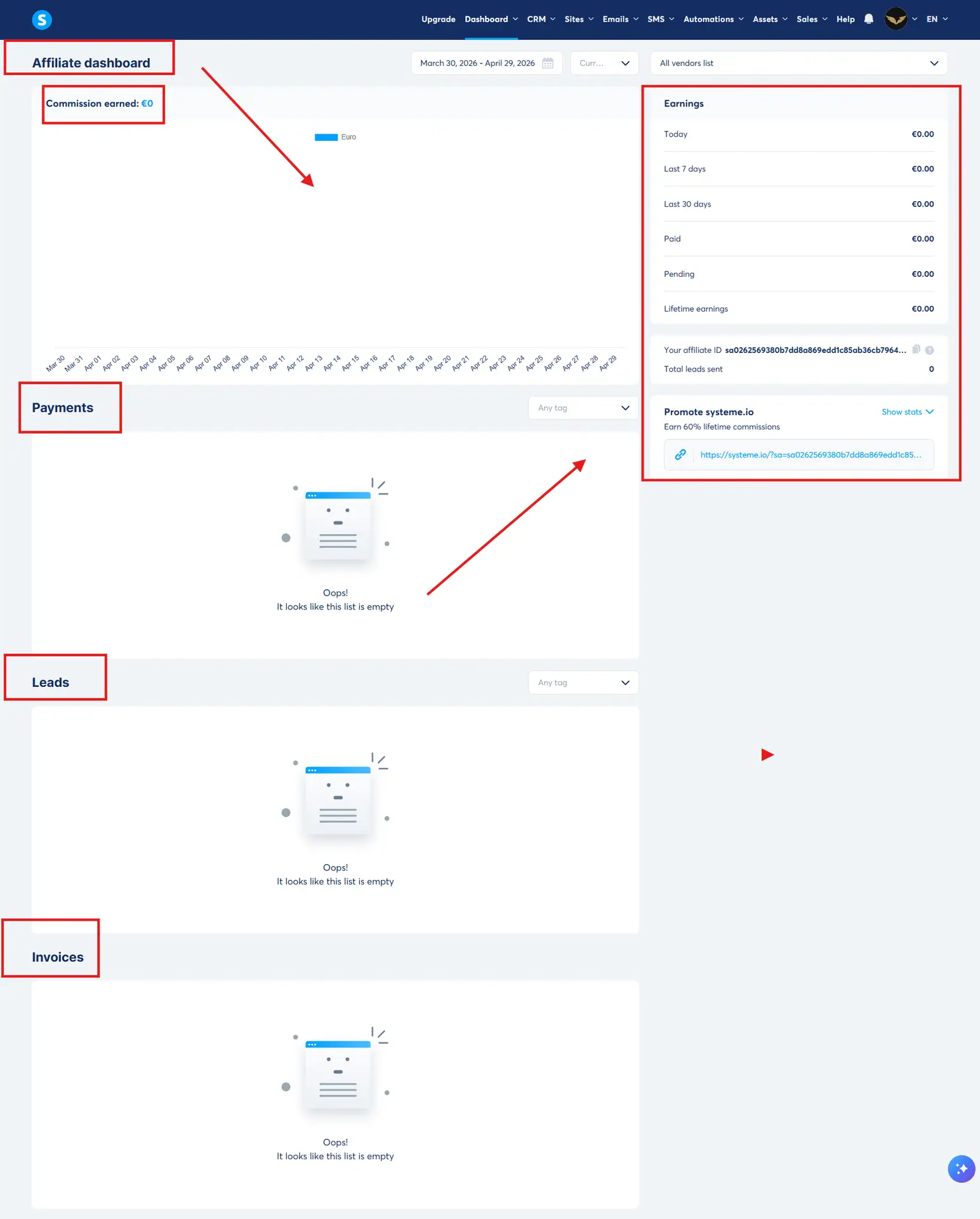 Systeme.io affiliate programme dashboard 40 percent recurring commission