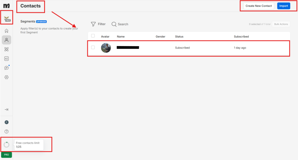 Manychat free plan dashboard showing contacts limit and automation flows 2026