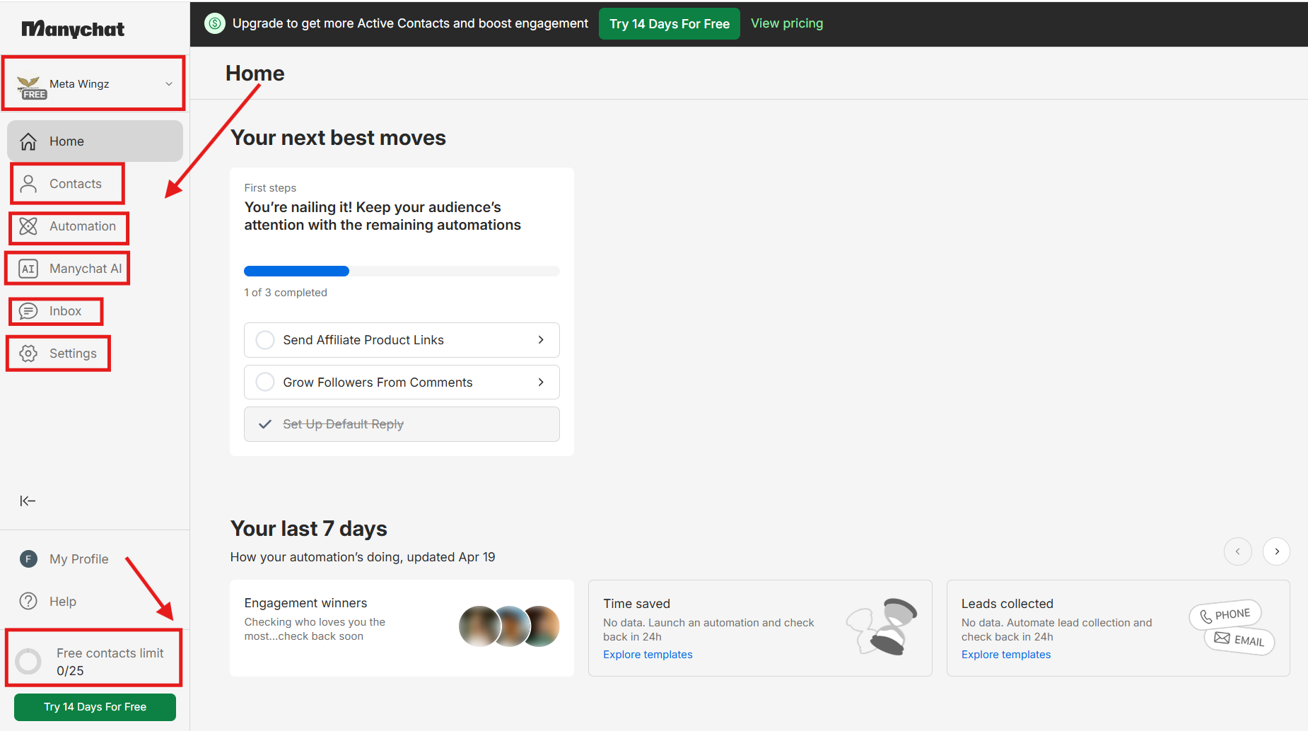 Manychat dashboard overview for coaches and creators — automation menu 2026