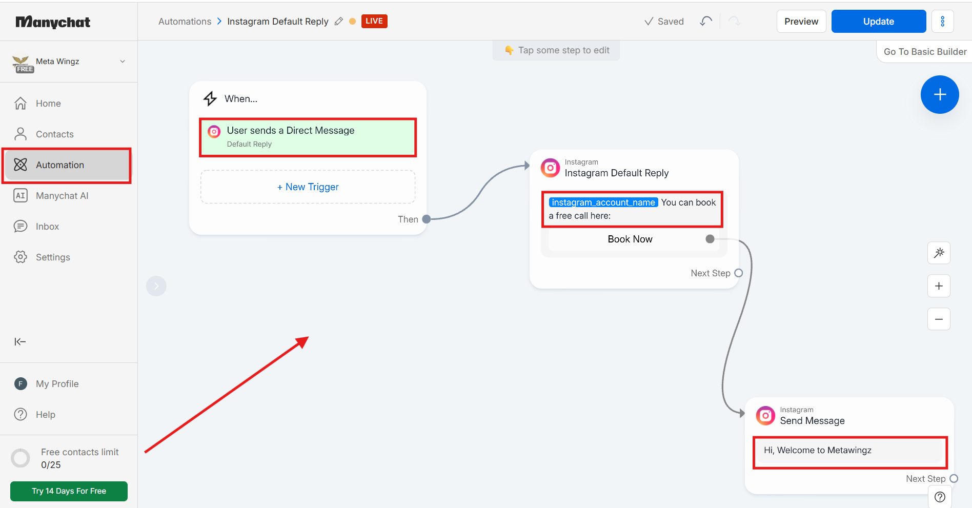 Manychat Instagram comment-to-DM automation flow builder 2026