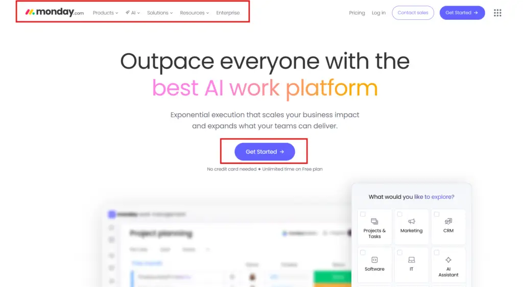 Monday.com homepage for small business 2026 showing visual work OS landing page