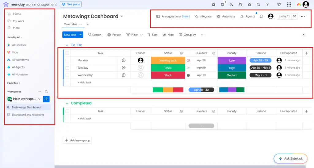 Monday.com board system 2026 showing status columns timeline small business team