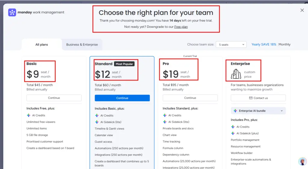 Monday.com pricing 2026 showing Basic Standard Pro plans 3 seat minimum small business