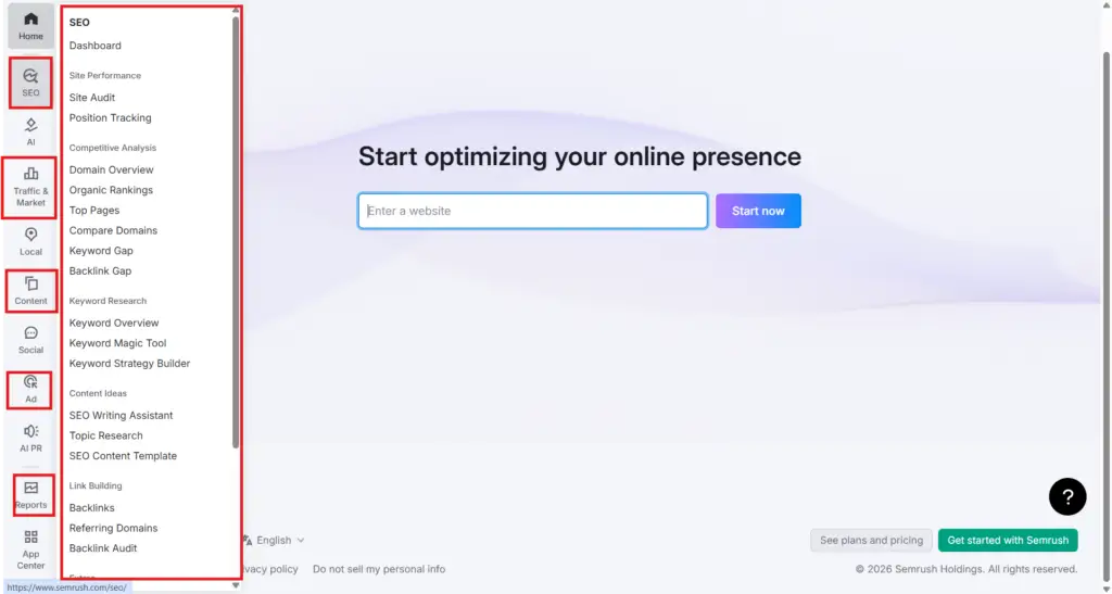 Semrush navigation menu showing SEO content advertising and agency tools 2026