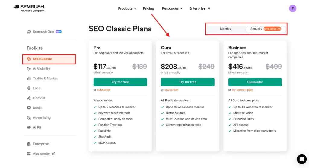Semrush pricing plans 2026 showing Pro Guru Business monthly and annual costs
