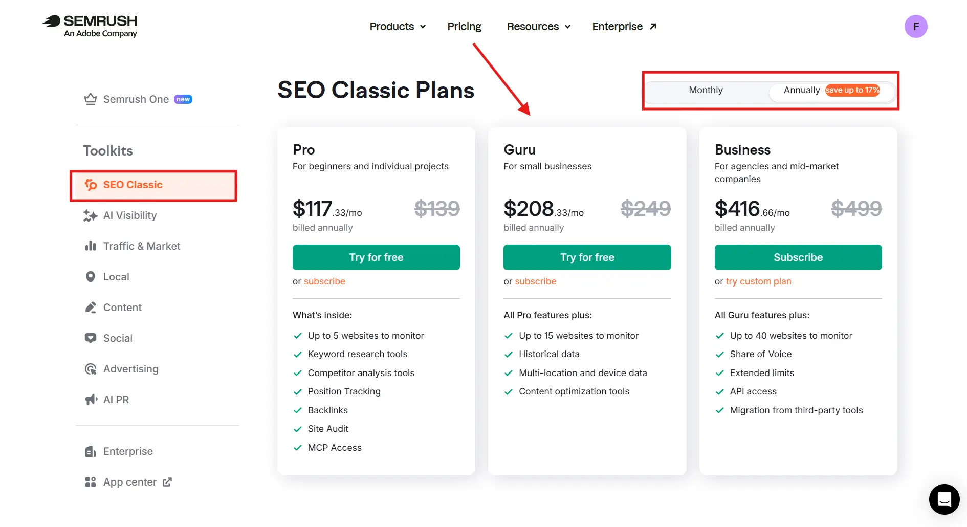 Semrush pricing plans 2026 showing Pro Guru Business monthly and annual costs