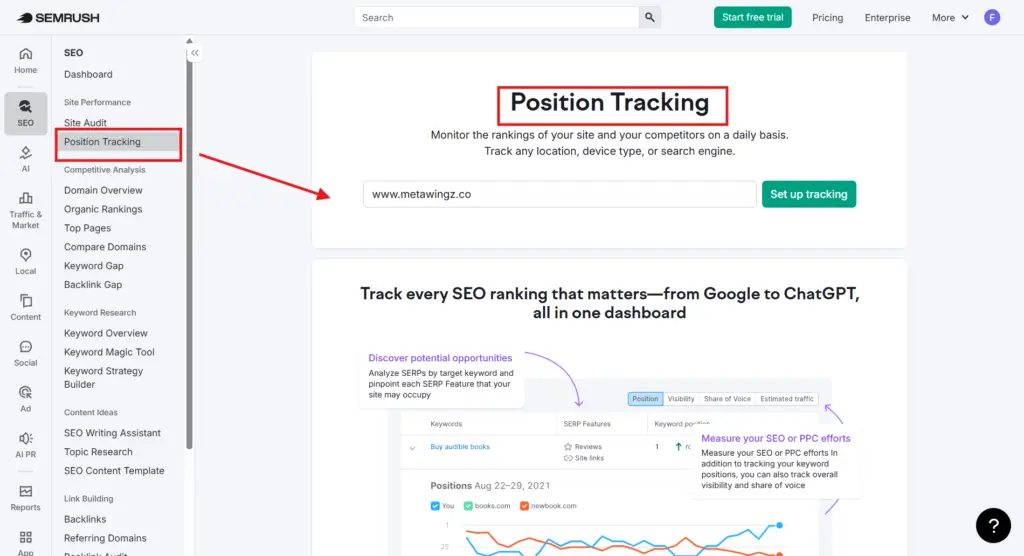 Semrush position tracking dashboard showing keyword rank changes over 30 days 2026