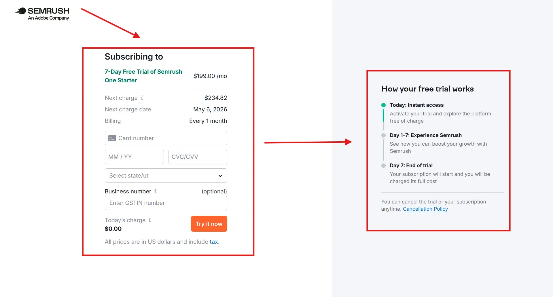 Semrush free trial signup page 2026 showing Pro and Guru trial options