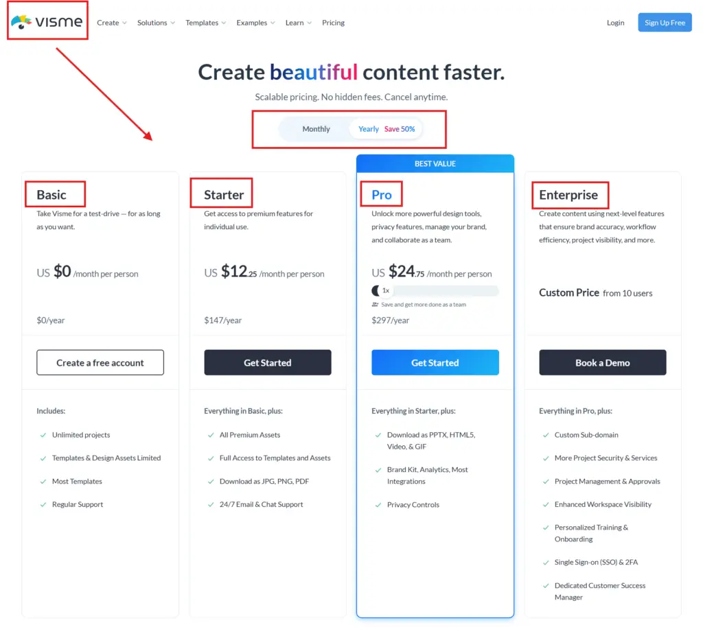 Visme Pricing Table 2026