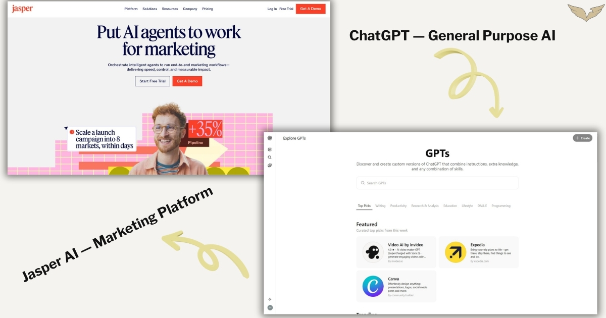 Jasper AI vs ChatGPT side-by-side interface comparison for marketing teams showing both dashboards in 2026