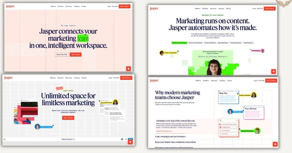 Jasper AI platform dashboard 2026 showing marketing templates, brand voice engine, and campaign generator for content teams.
