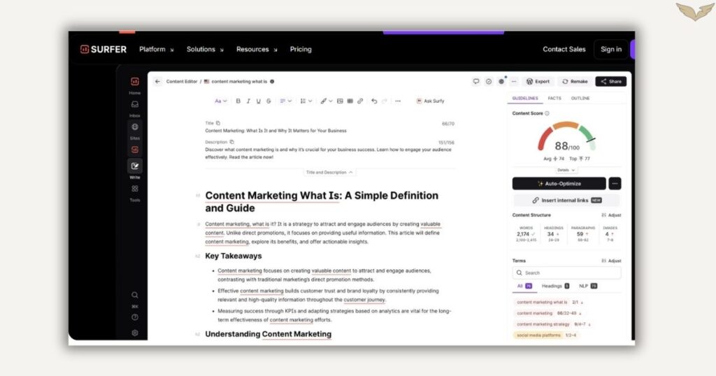Jasper AI Surfer SEO integration 2026 showing real-time content optimization score, keyword density, and heading structure analysis for marketing blog content