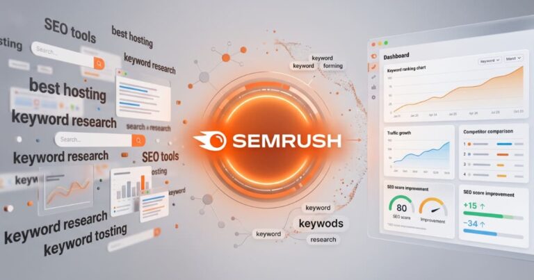 Semrush review 2026 featured image showing SEO platform tools and keyword research dashboard