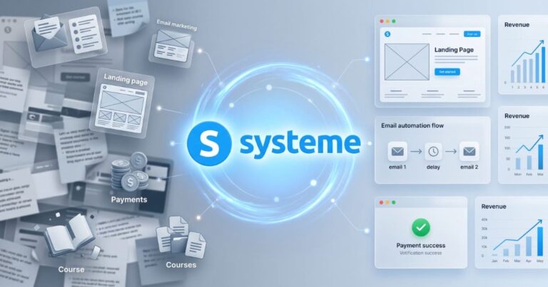 Systeme.io platform overview 2026 showing funnel builder homepage and features