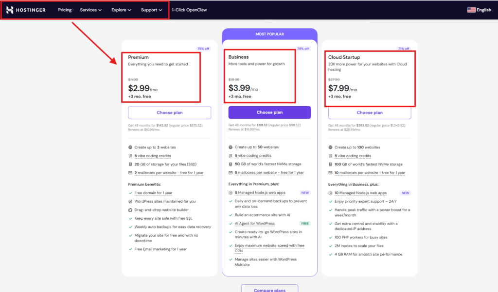 Hostinger for affiliate marketing pricing 2026 Premium Business plans