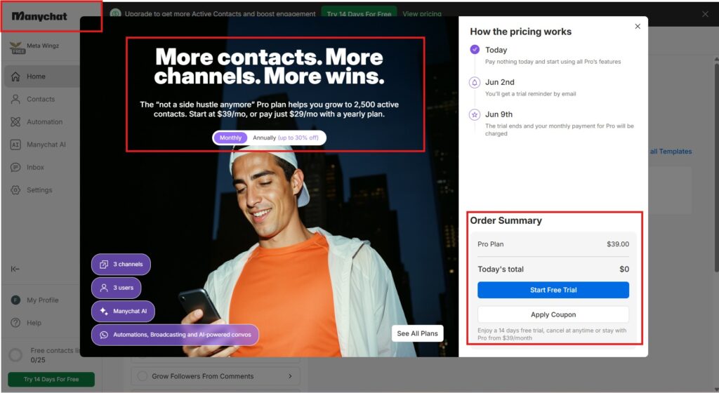 Manychat free vs pro upgrade prompt 2026 showing Pro plan features dashboard view