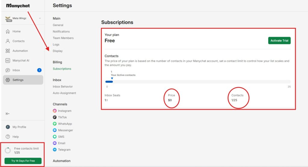 Manychat free plan 2026 pricing page 25 contacts limit vs Pro plan