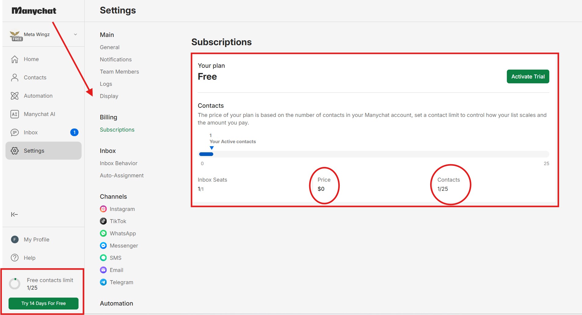 Manychat free plan 2026 pricing page 25 contacts limit vs Pro plan