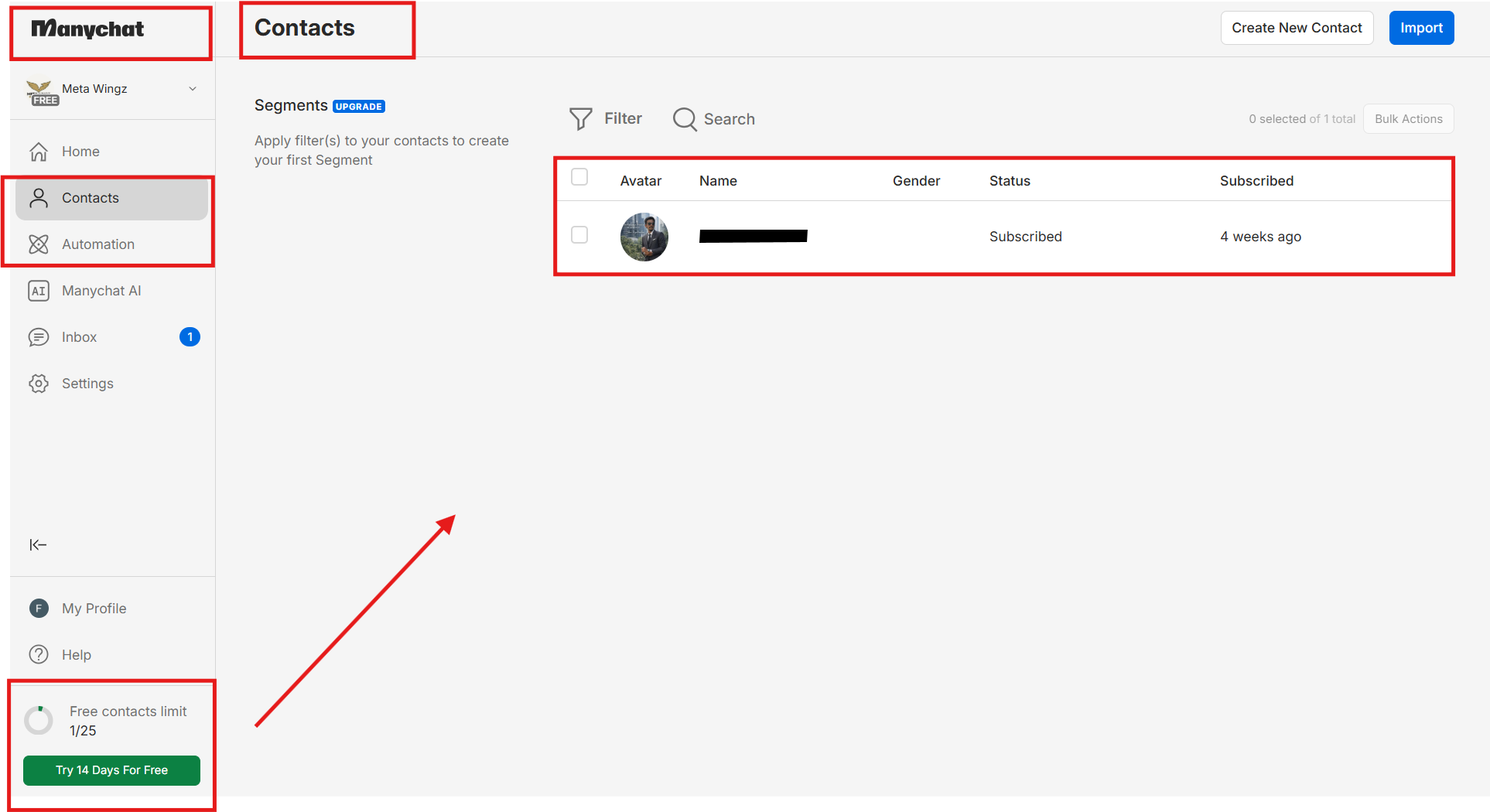 Manychat free plan dashboard 2026 showing 25 contact counter and 4 automation limit