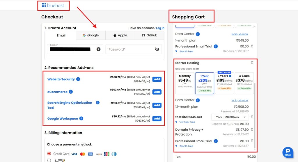 Bluehost checkout page 2026 showing pre-ticked add-ons SiteLock CodeGuard Professional Email