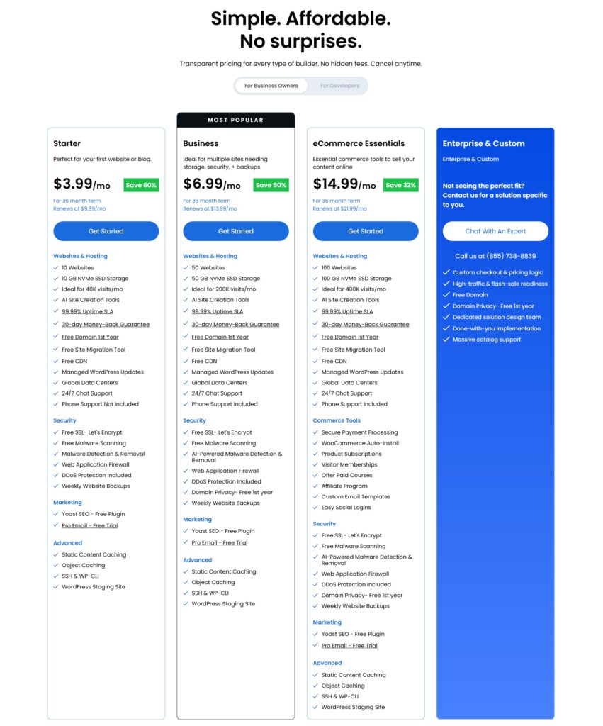 Bluehost pricing plans comparison page 2026 showing Starter, Business Pro and Ecommerce.