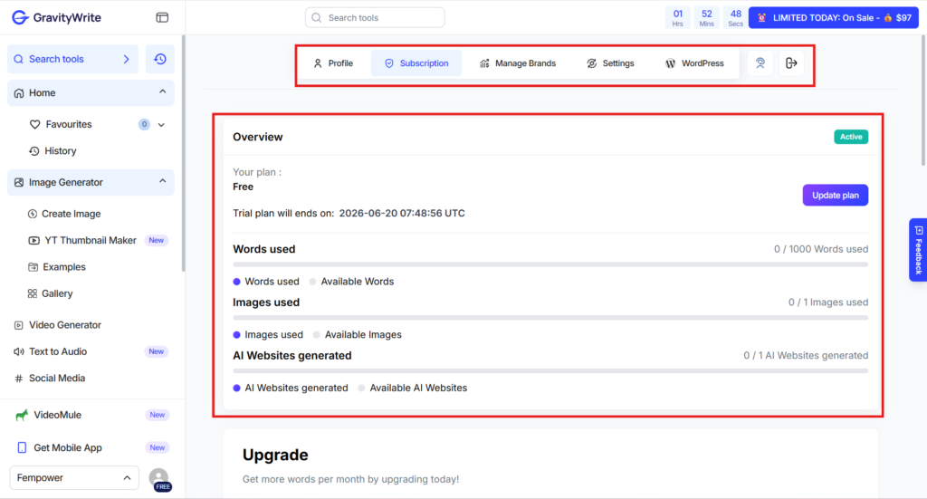 gravitywrite free plan 1000 words no credit card signup