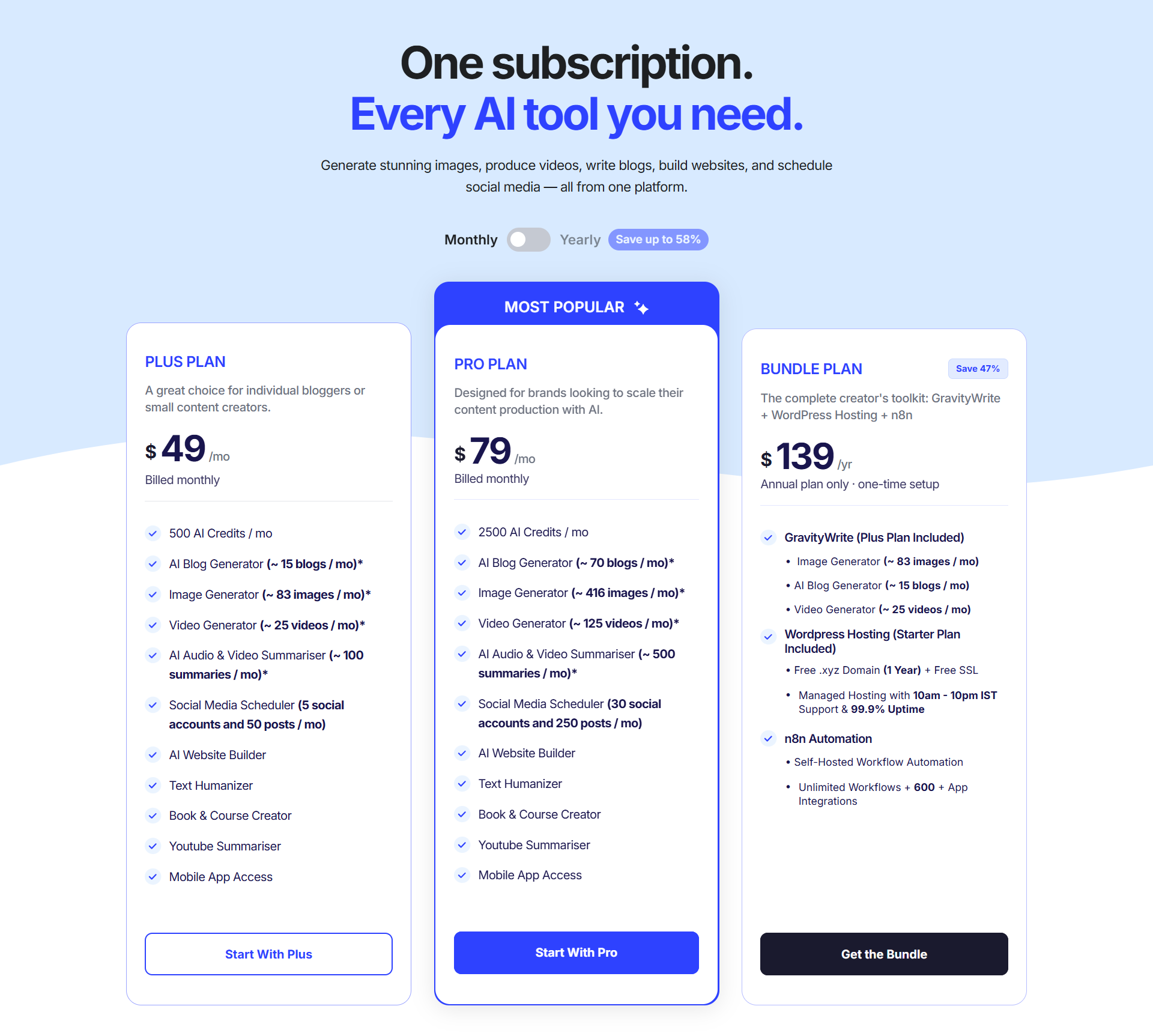 gravitywrite vs jasper for bloggers pricing tiers comparison 2026