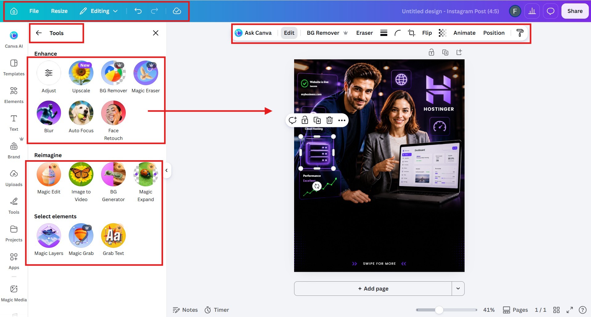 Canva Magic Studio tools panel 2026 showing all AI features