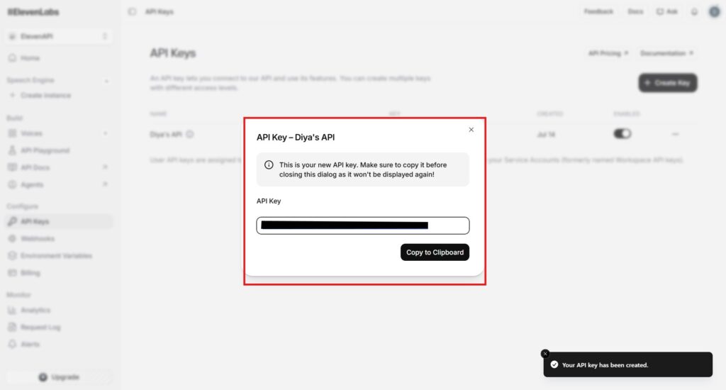 elevenlabs api key generation settings 2026