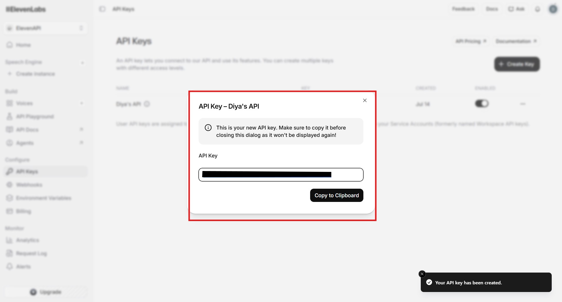 elevenlabs api key generation settings 2026