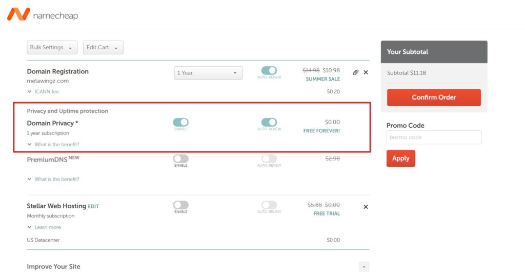 Namecheap checkout cart showing domain privacy protection added at no additional cost