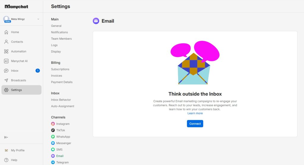 manychat channels dashboard telegram instagram messenger 2026