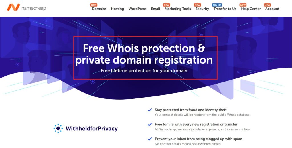): Namecheap domain privacy service page showing free WHOIS protection for all eligible domains