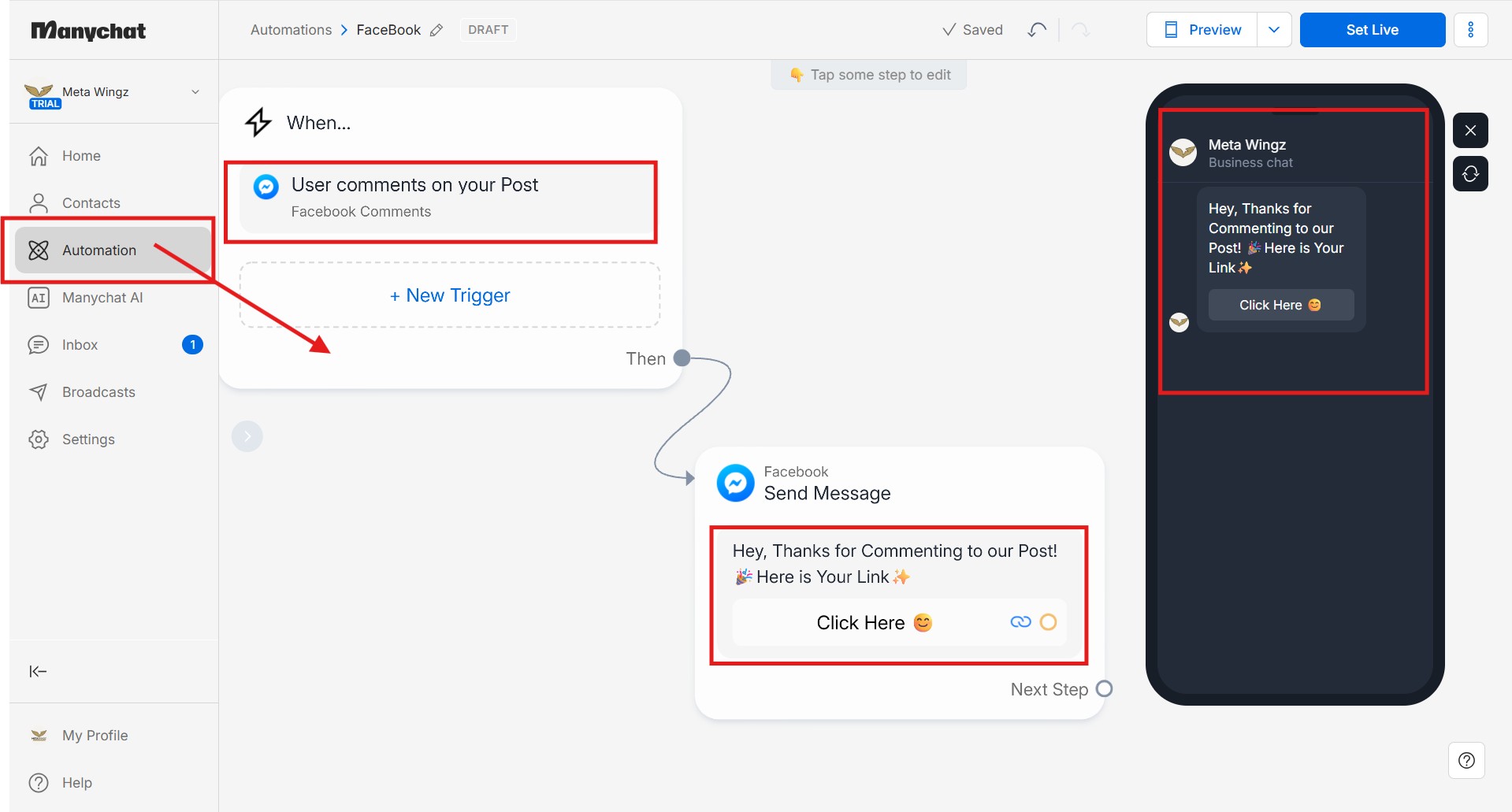 manychat messenger flow builder setup 2026