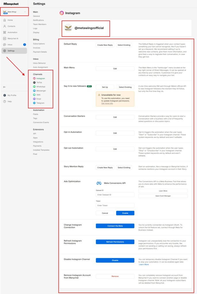 connect instagram to manychat setup screen 2026