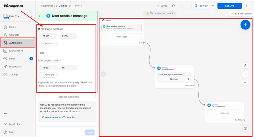 manychat telegram keyword trigger automation example 2026