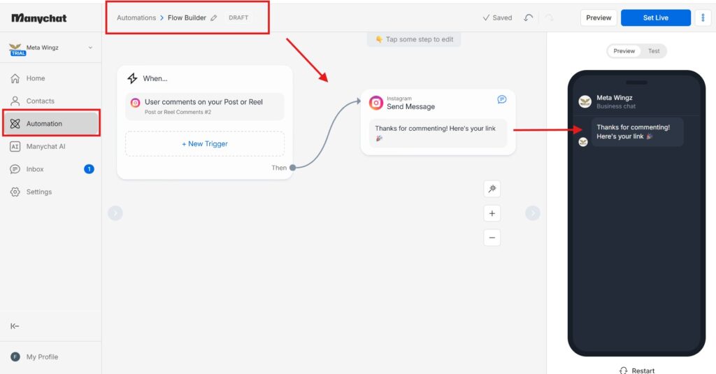 manychat instagram dm automation flow builder 2026
