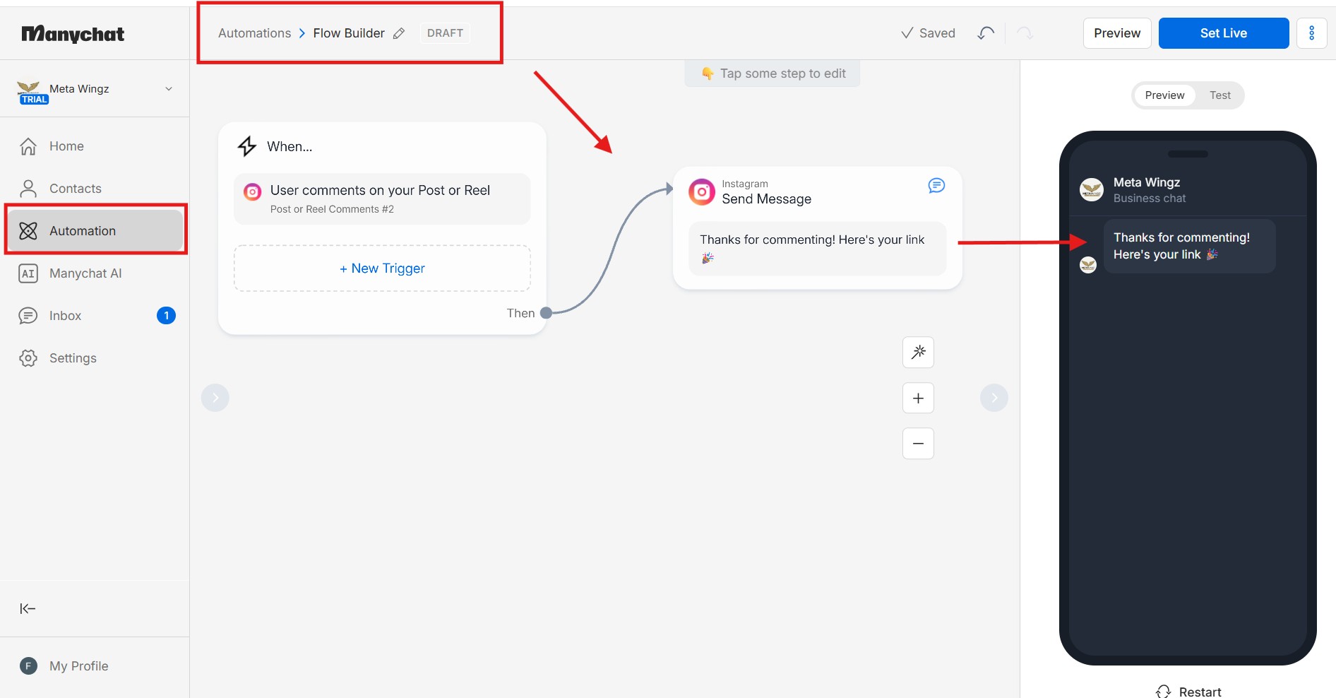 manychat instagram dm automation flow builder 2026